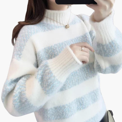 Freya | Women's Mock Neck Striped Fuzzy Knit Sweater