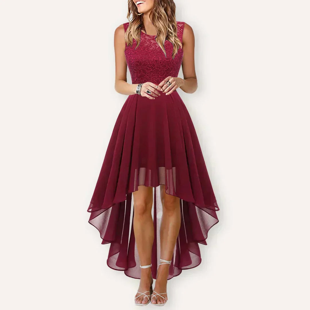 Kaitlyn | Lace Bodice Scoop Neck High Low Chiffon Elegant Wedding Guest Dress