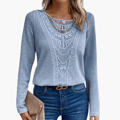 Delphine | Women's Crochet Lace Waffle Knit Long Sleeve Top