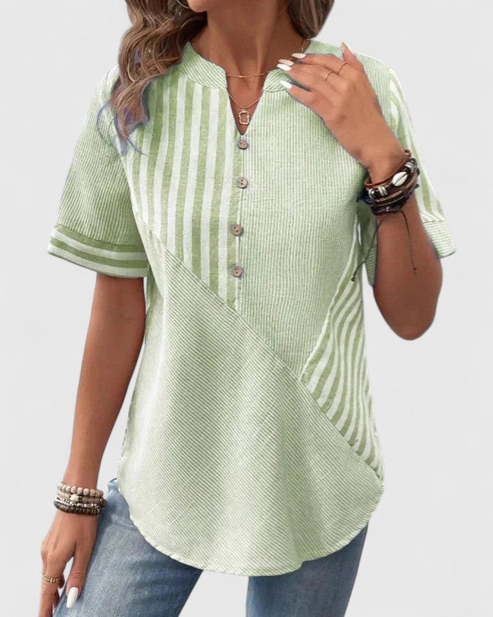 Gigi | Striped Colorblock Stand Collar Short Sleeve Casual Blouse