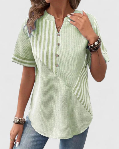 Gigi | Striped Colorblock Stand Collar Short Sleeve Casual Blouse