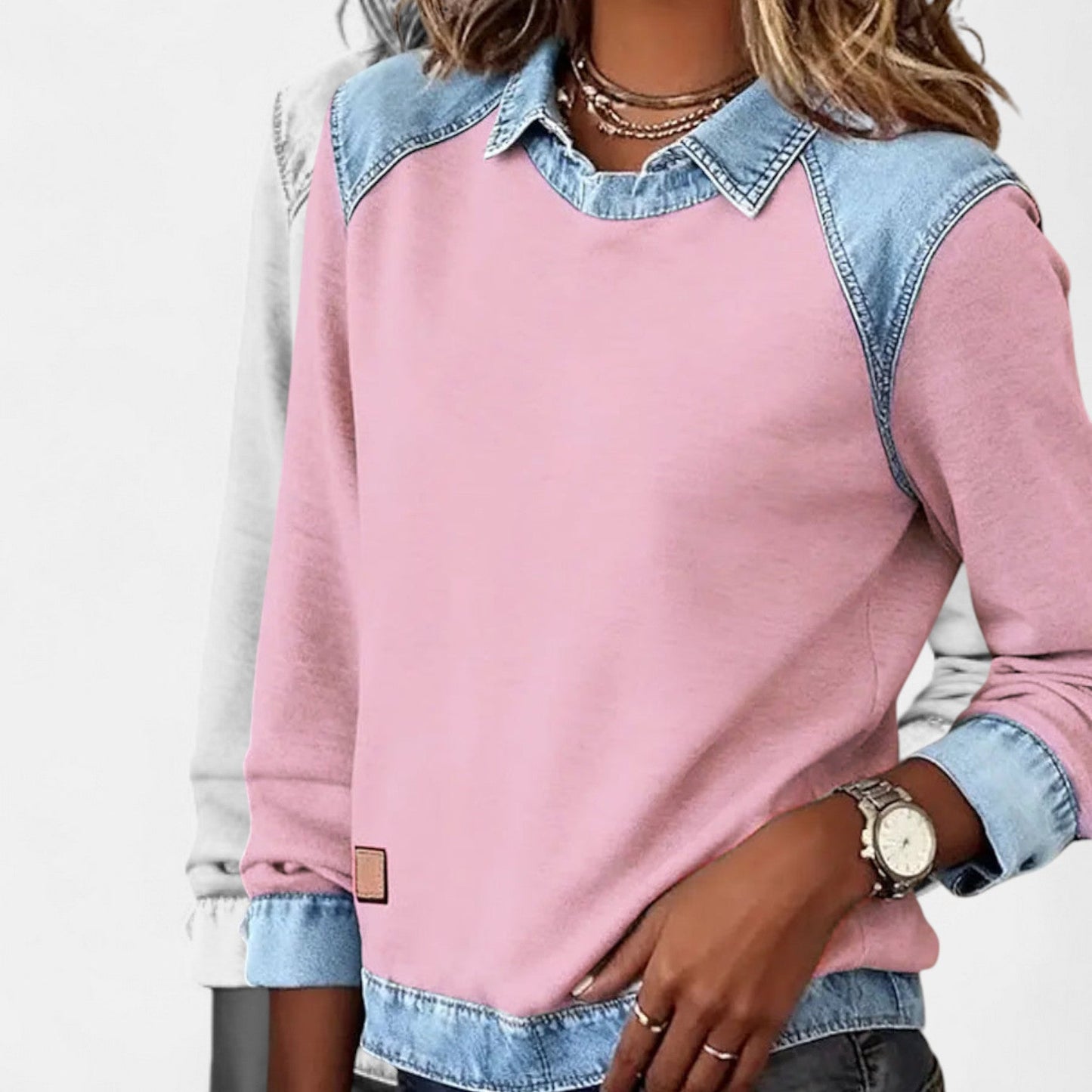 Denby | Women's Denim Trim Collared Colorblock Long Sleeve Sweatshirt