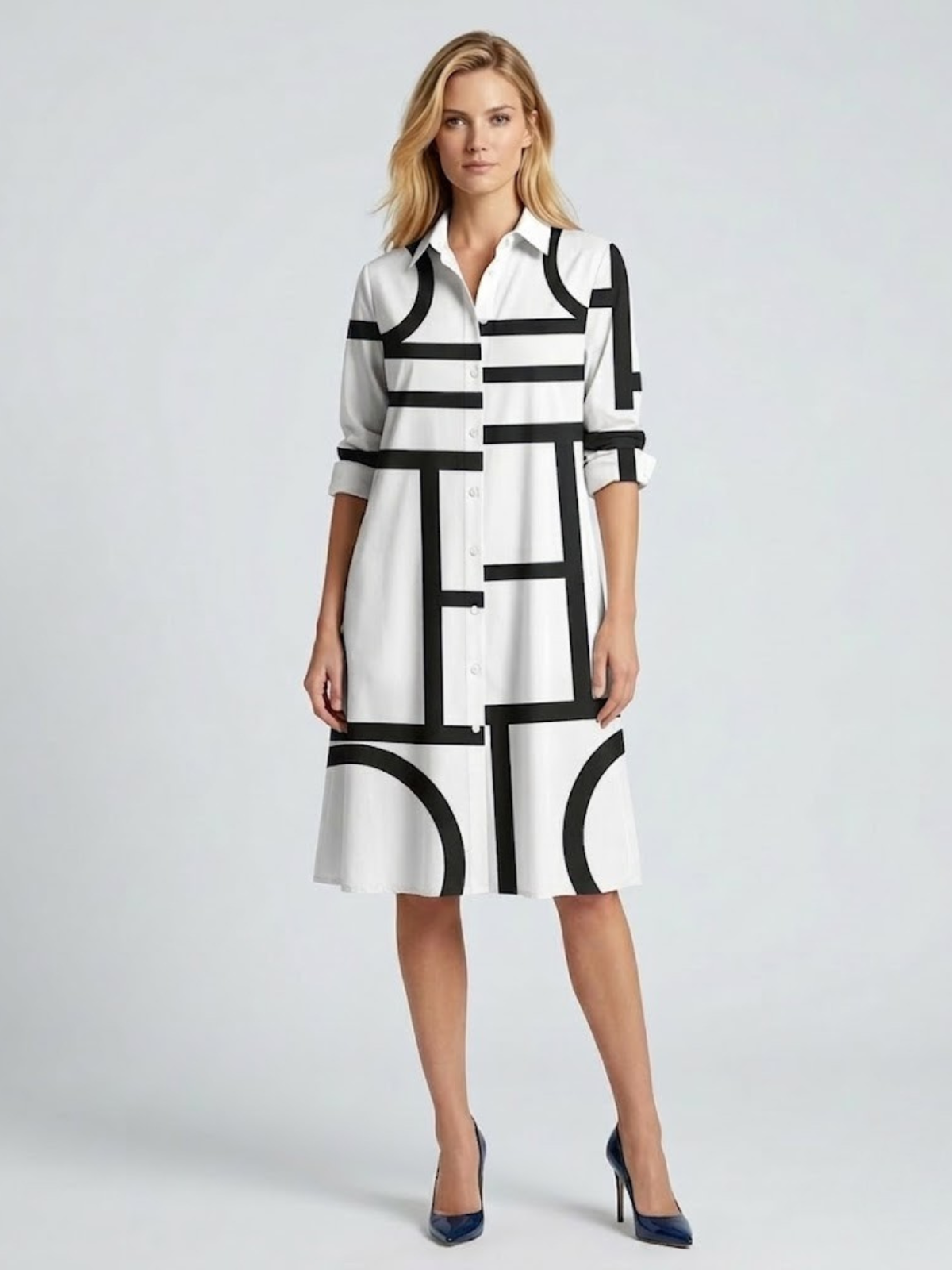 Blair | Geometric Print Button Front Shirt Midi Dress