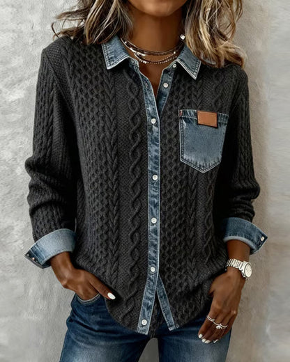 Sierra | Women's Cable-Knit Denim-Trim Button-Front Long Sleeve Shirt
