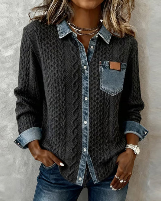 Sierra | Women's Cable-Knit Denim-Trim Button-Front Long Sleeve Shirt