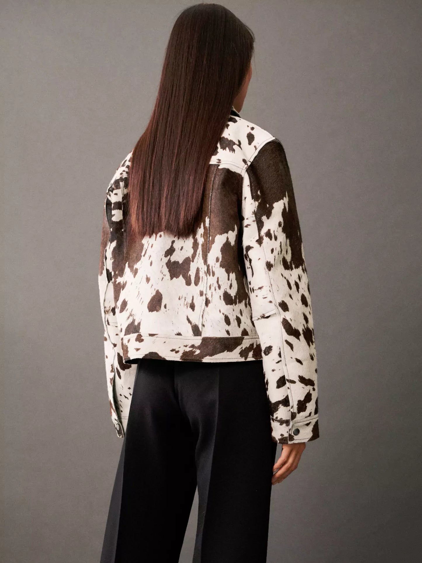 Saskia | Women's Western Cropped Cow Print Fake Fur Jacket