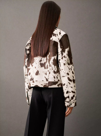 Saskia | Women's Western Cropped Cow Print Fake Fur Jacket