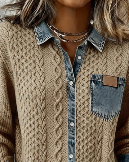 Sierra | Women's Cable-Knit Denim-Trim Button-Front Long Sleeve Shirt