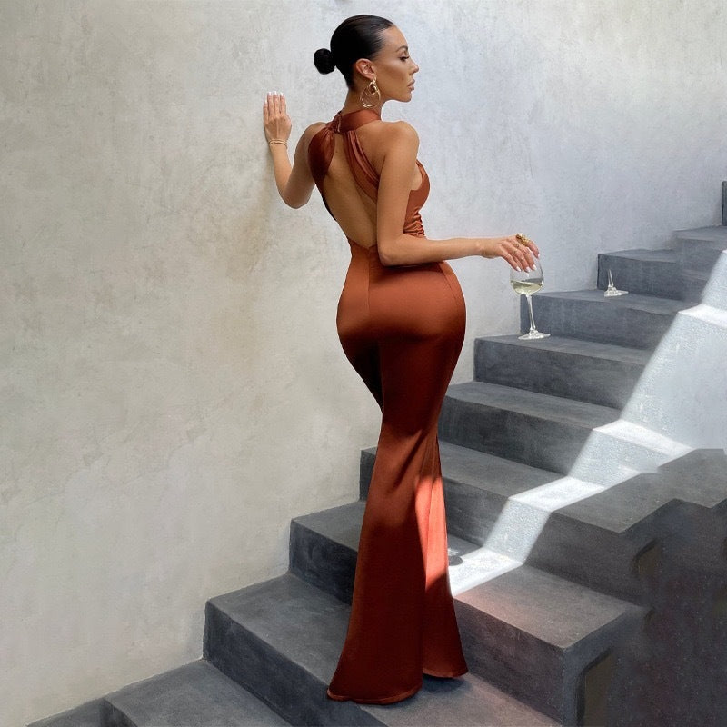 Gabriella | Crossover Halter Neck Open Back Bodycon Fishtail Elegant Maxi Dress