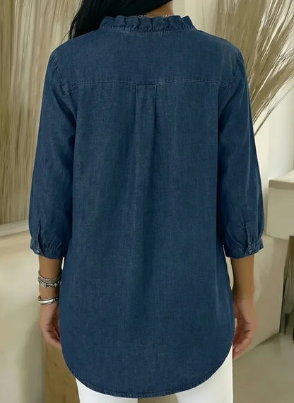 Rylee | Women's Denim V-Neck Ruffle Front Relaxed Fit Shirt