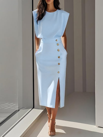 Quinn | Sleeveless Structured Shoulder Button Detail Fitted Midi Elegant Dress