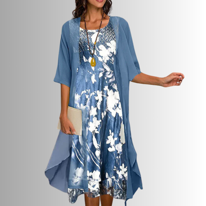 Lynn | Floral Print Open Front Chiffon Overlay Midi Elegant Dress