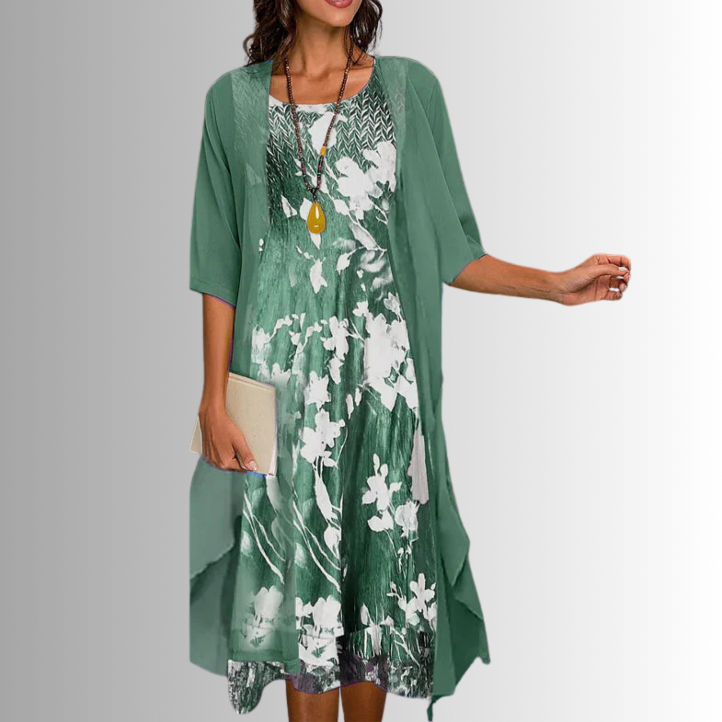 Lynn | Floral Print Open Front Chiffon Overlay Midi Elegant Dress
