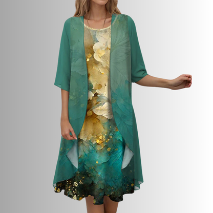 Lynn | Floral Print Open Front Chiffon Overlay Midi Elegant Dress