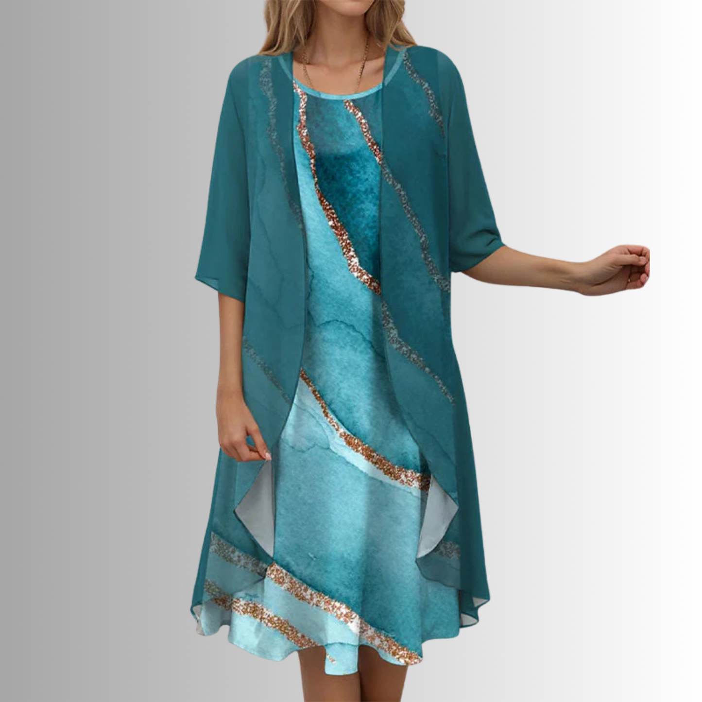 Lynn | Floral Print Open Front Chiffon Overlay Midi Elegant Dress