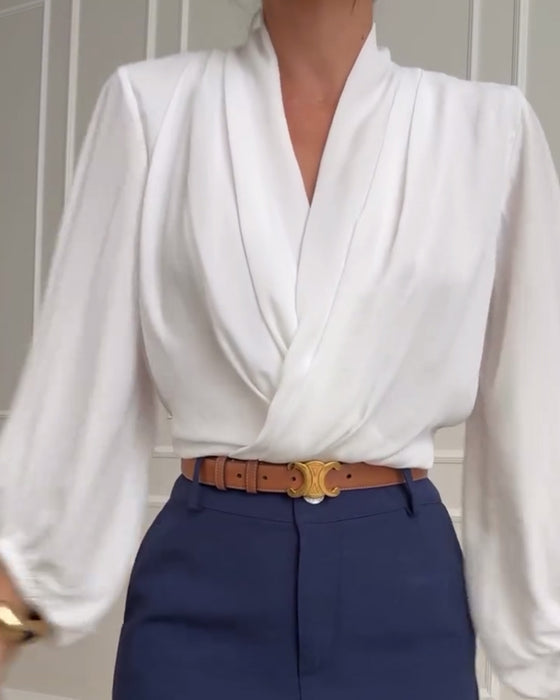 Marlaine | Women's V-Neck Lantern Sleeve Draped Blouse