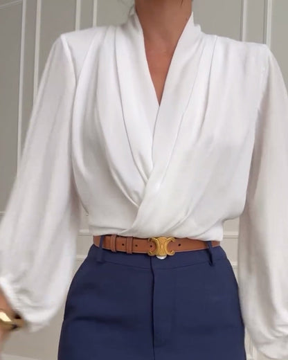 Marlaine | Women's V-Neck Lantern Sleeve Draped Blouse