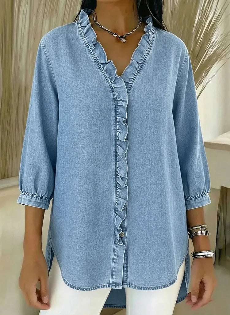 Rylee | Women's Denim V-Neck Ruffle Front Relaxed Fit Shirt