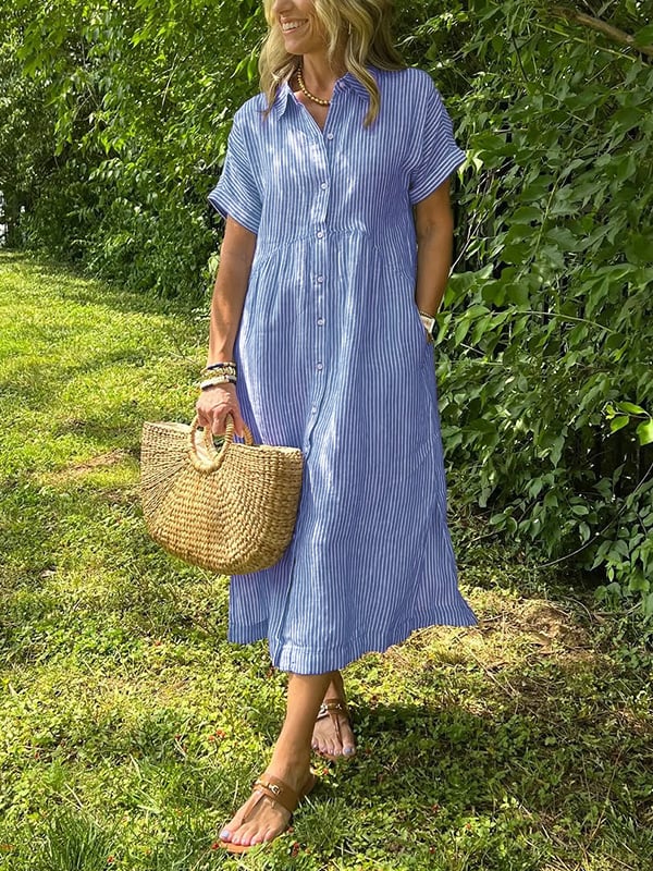 Brooke | Striped Button Up Collared Short Sleeve Casual Summer Midi Dress