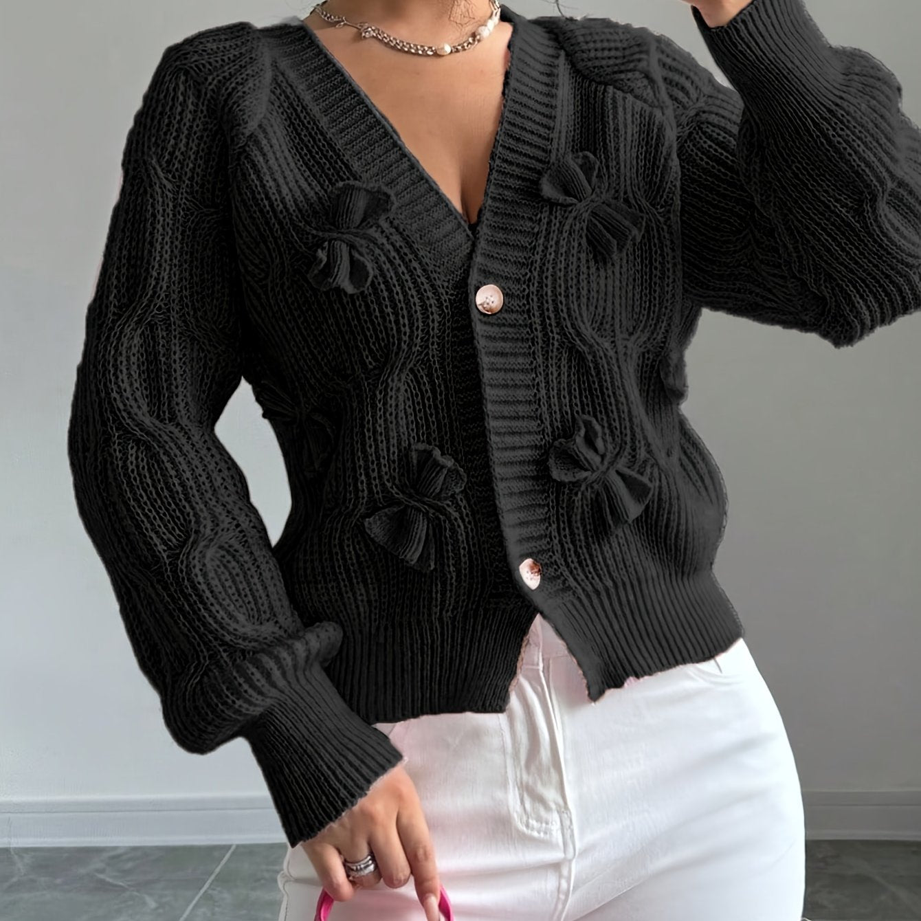Rosalind | Women's Bow-Detail Cable Knit V-Neck Button-Front Cardigan