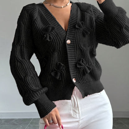 Rosalind | Women's Bow-Detail Cable Knit V-Neck Button-Front Cardigan