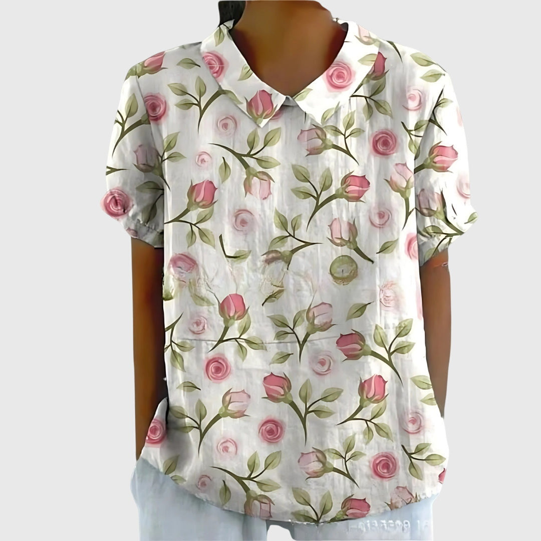 Jenna | Floral Print Collared Short Sleeve Relaxed Linen Blouse