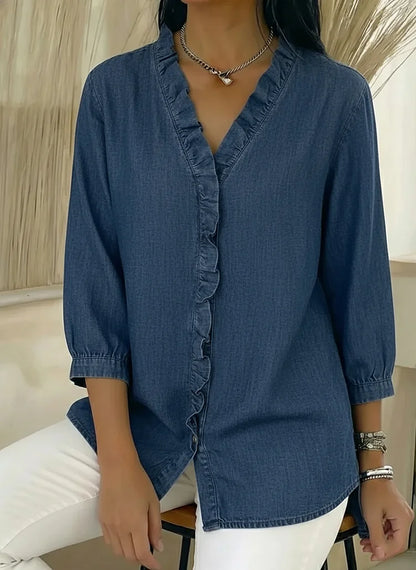 Rylee | Women's Denim V-Neck Ruffle Front Relaxed Fit Shirt