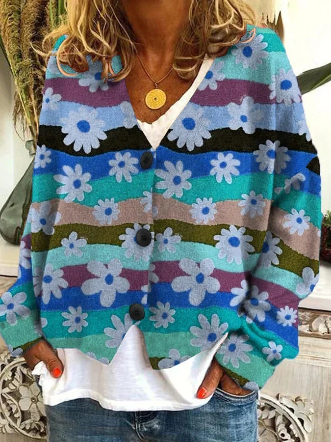 Petra | Women's Vintage-Inspired Floral Striped Button-Up Cardigan