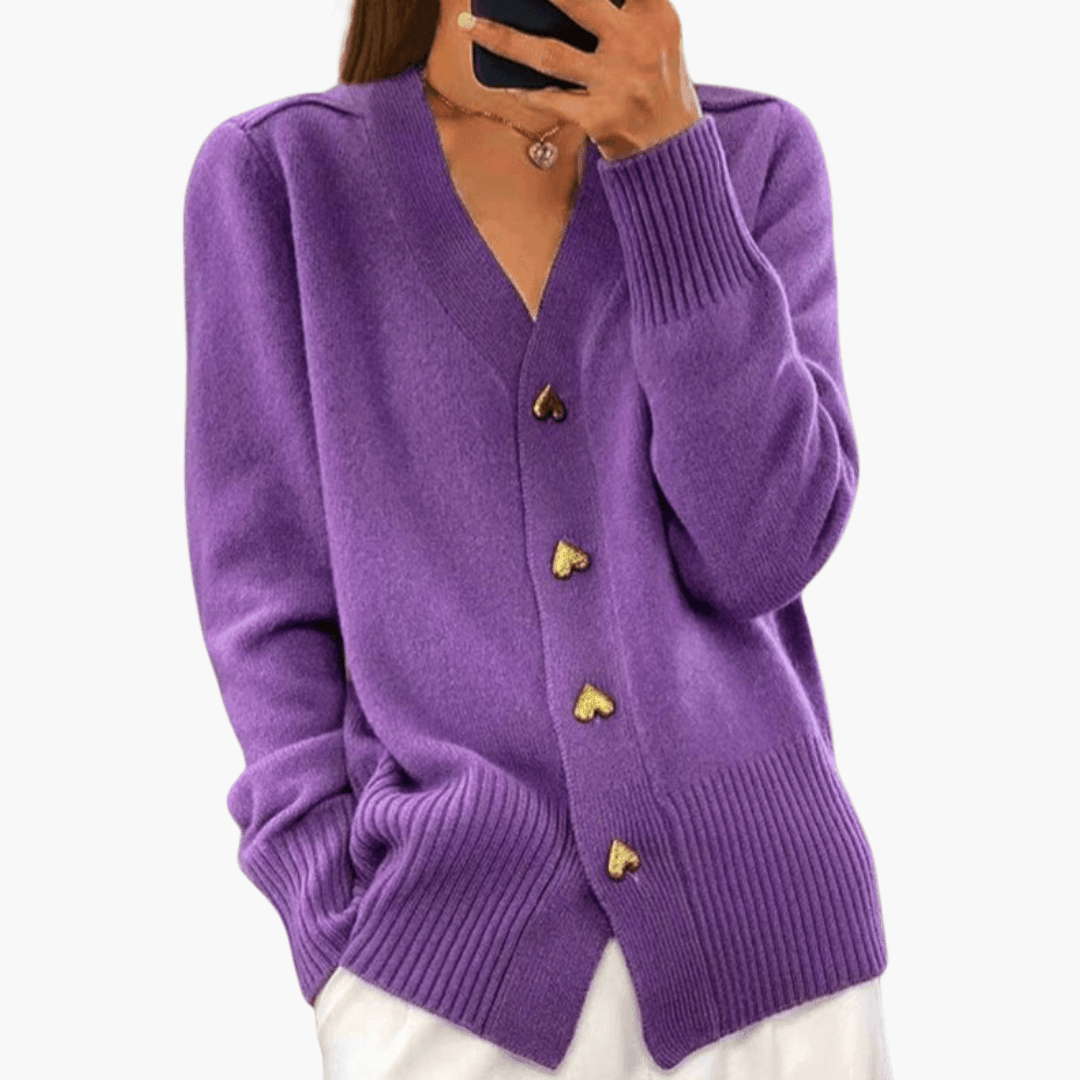Elara | Women's Button-Up Knit Heart Button Long Sleeve Cardigan