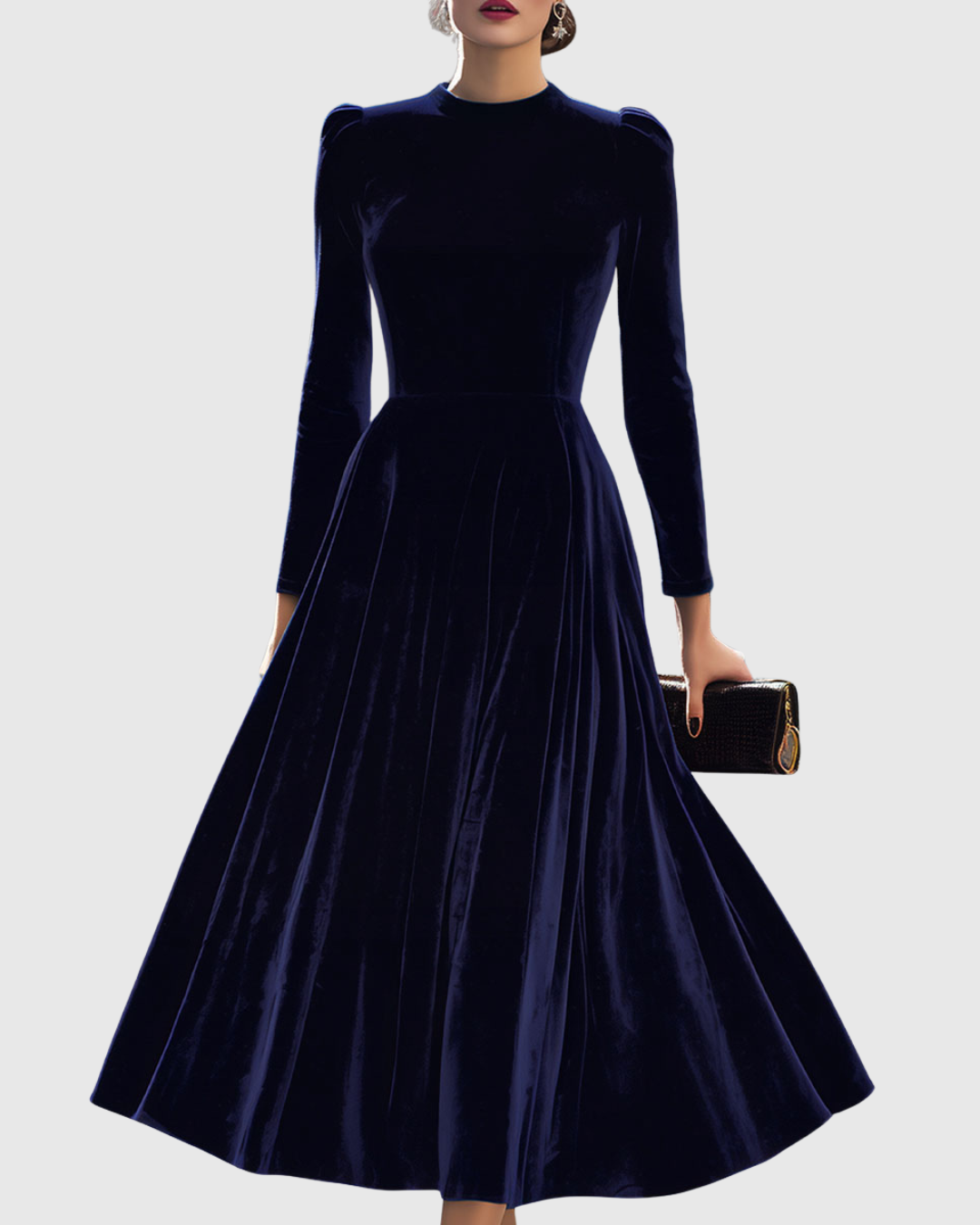 Sibella | Velvet Long Sleeve A-Line Midi Formal Elegant Dress