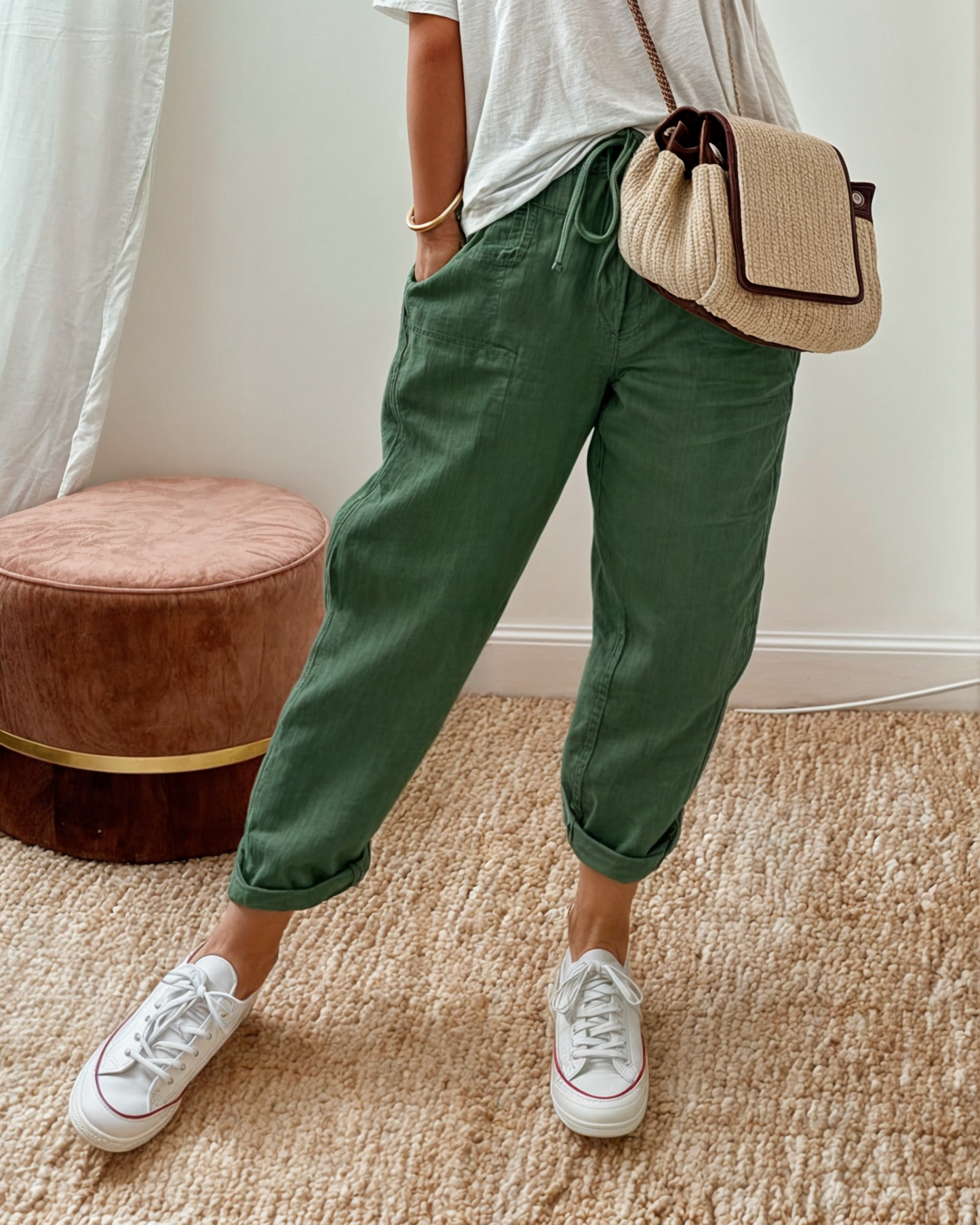 Lina | Elastic Drawstring Waist Relaxed Tapered Linen Blend Casual Pants