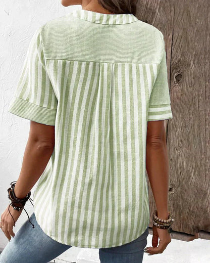 Monroe | Striped Colorblock Stand Collar Short Sleeve Casual Top