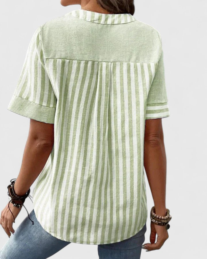 Gigi | Striped Colorblock Stand Collar Short Sleeve Casual Blouse
