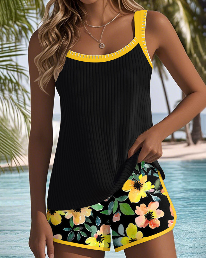 Anastasia | Tankini Set Floral Shorts Ribbed Tummy Control