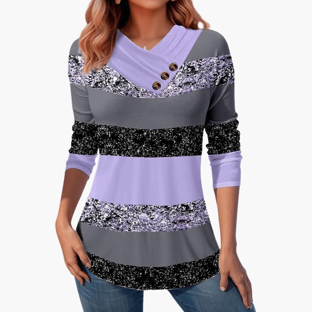 Marlowe | Women's Colorblock Striped Button-Detail Long Sleeve Top
