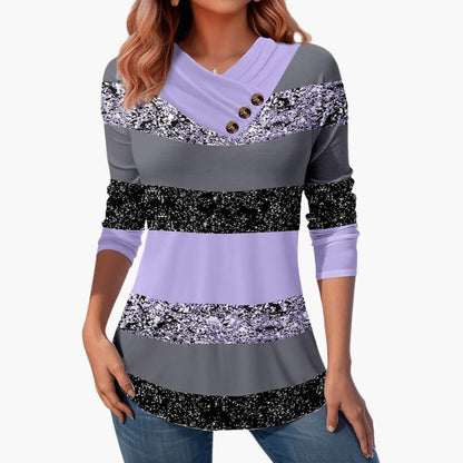 Marlowe | Women's Colorblock Striped Button-Detail Long Sleeve Top