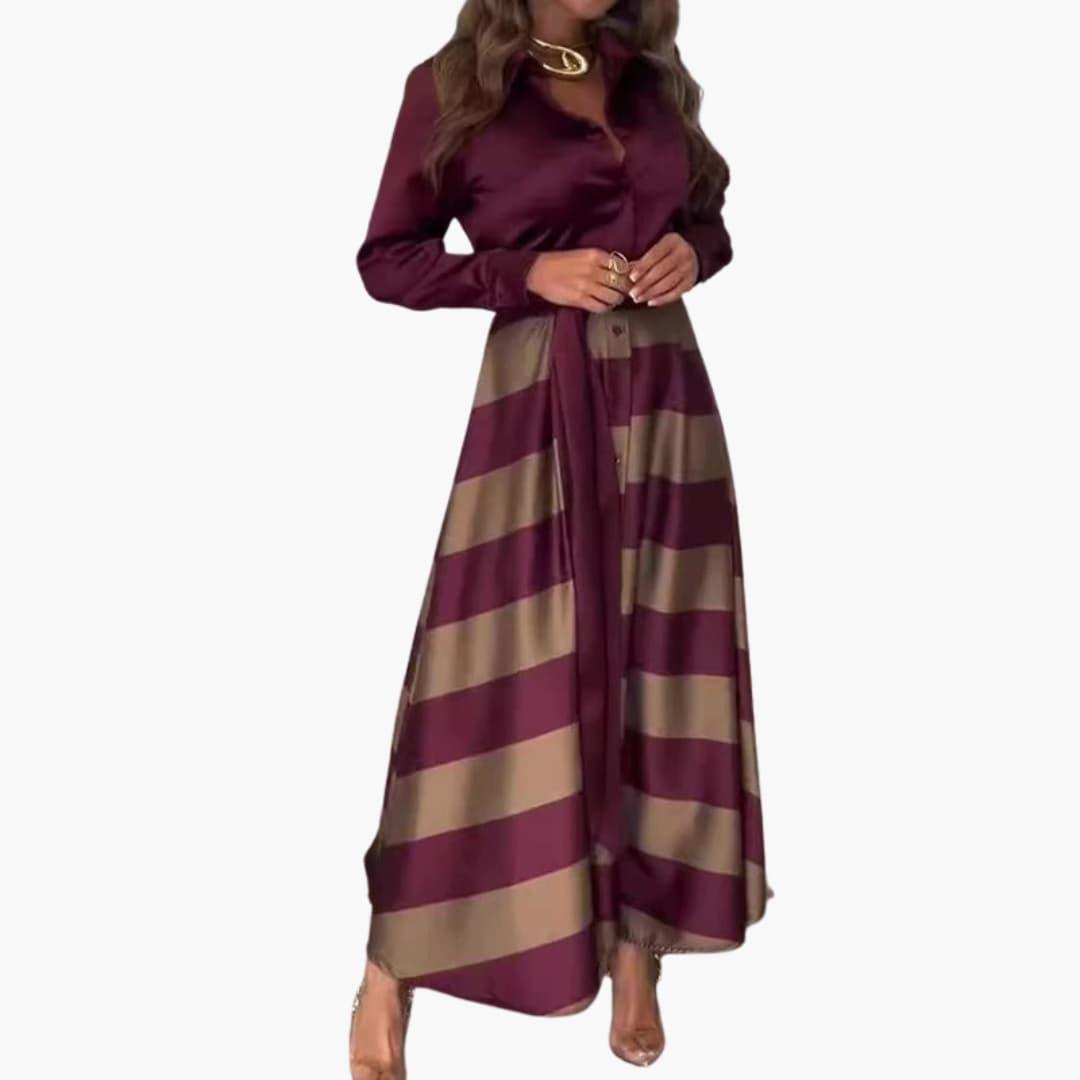 Seraphina | Women's Satin Collared Long Sleeve Striped Maxi Dress