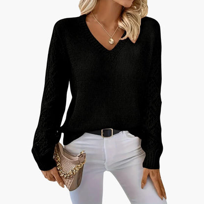 Marlowe | Women's Crochet Sleeve V-Neck Relaxed Fit Sweater