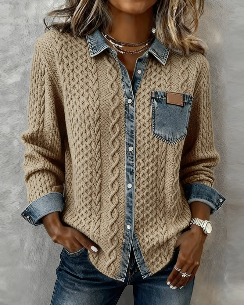 Sierra | Women's Cable-Knit Denim-Trim Button-Front Long Sleeve Shirt