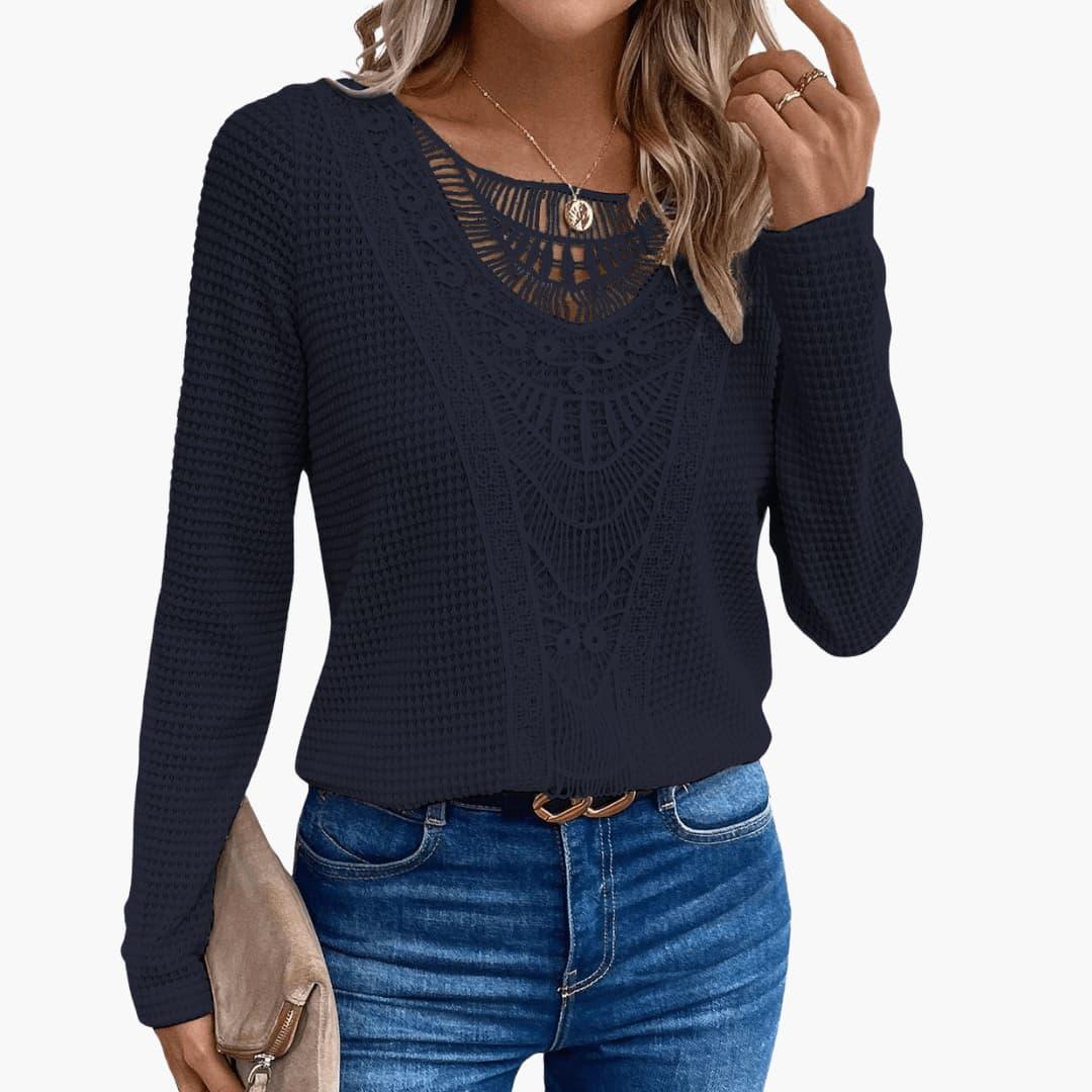 Delphine | Women's Crochet Lace Waffle Knit Long Sleeve Top