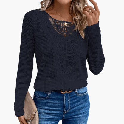 Delphine | Women's Crochet Lace Waffle Knit Long Sleeve Top