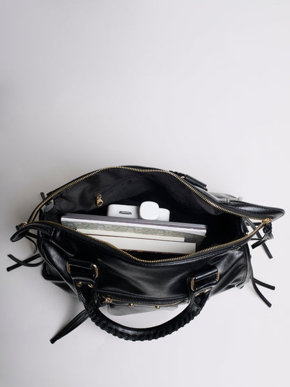 Halden | Women's Structured Bowler Studded Buckle Zip Pocket Handbag