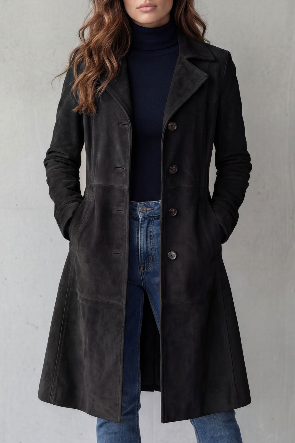 Coralene | Women's Suede-Effect Longline Tailored Notched Lapel Coat
