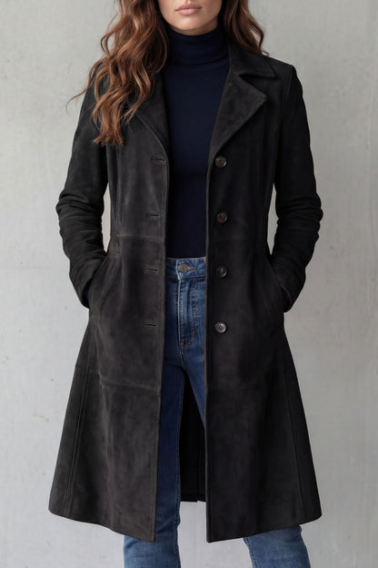 Coralene | Women's Suede-Effect Longline Tailored Notched Lapel Coat