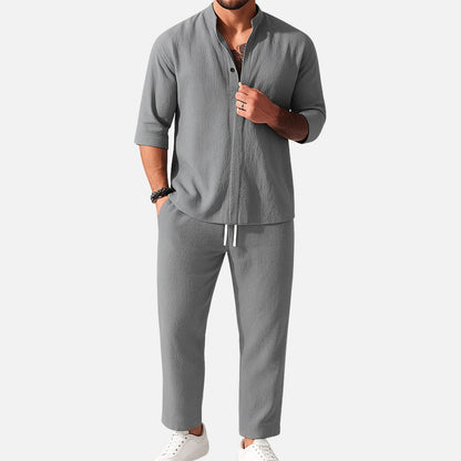 Marco | Band Collar Long Sleeve Shirt Linen Blend Two Piece Set