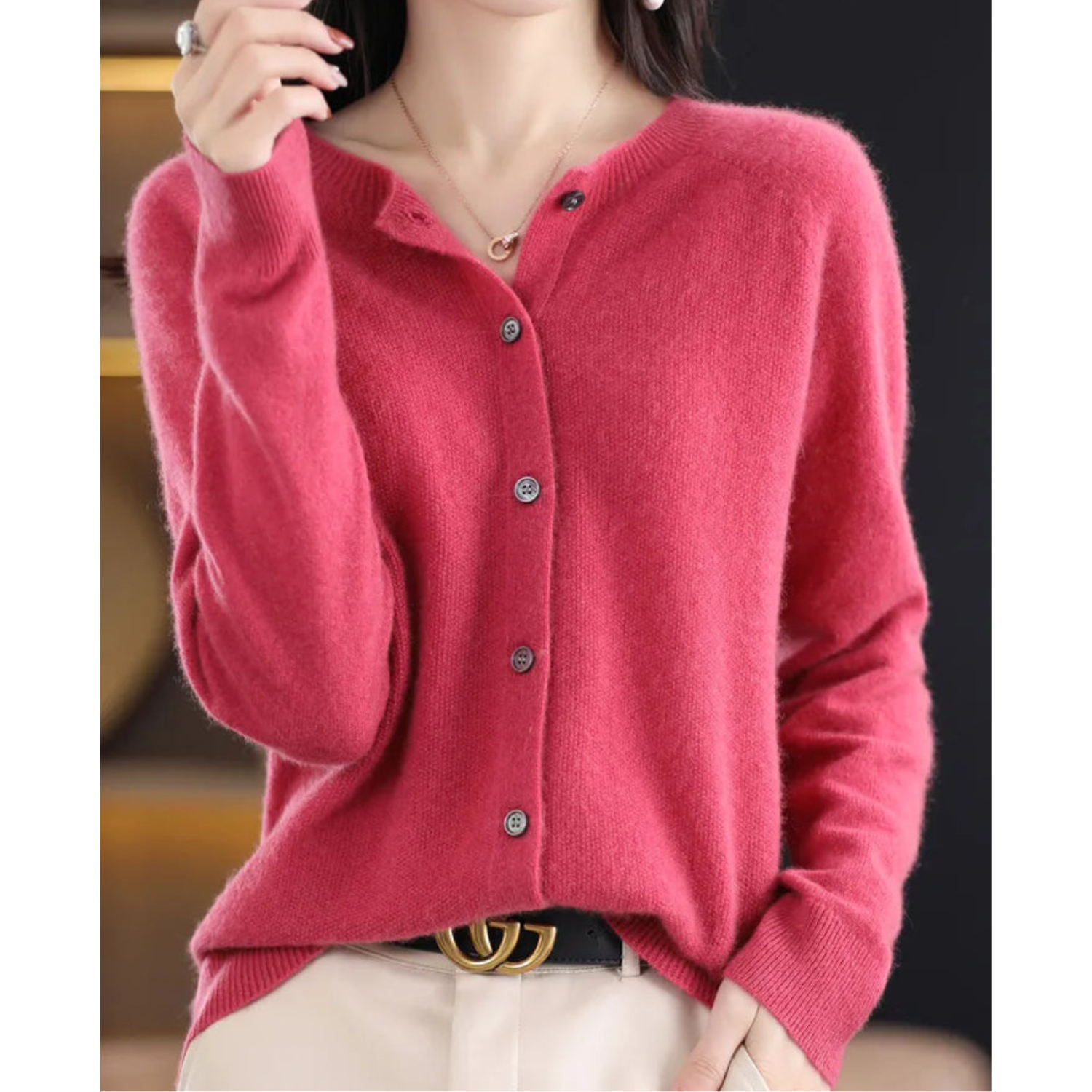 Marnie | Women's Merino Wool Blend O-Neck Button-Front Knit Cardigan