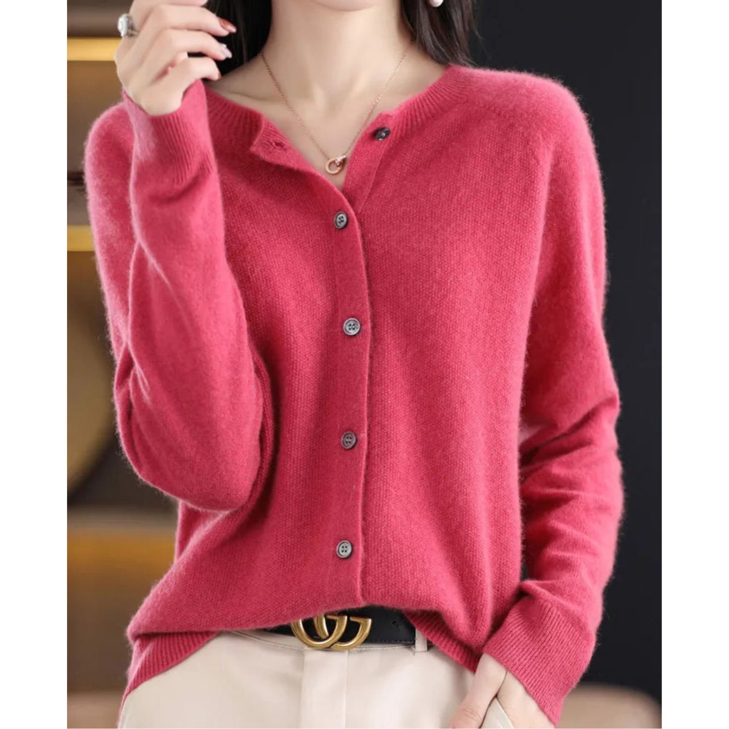 Marnie | Women's Merino Wool Blend O-Neck Button-Front Knit Cardigan