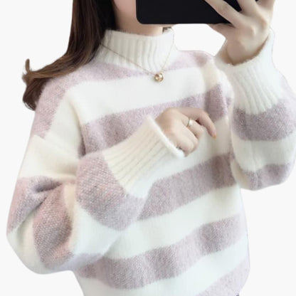 Freya | Women's Mock Neck Striped Fuzzy Knit Sweater