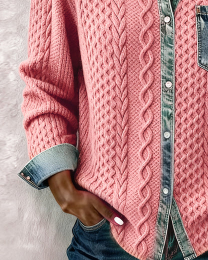 Sierra | Women's Cable-Knit Denim-Trim Button-Front Long Sleeve Shirt