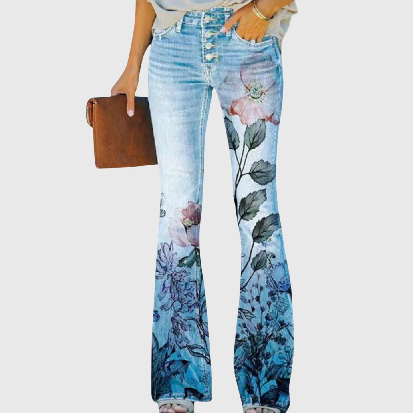 Marigold | Women's High-Waisted Floral Print Flare Denim Jeans